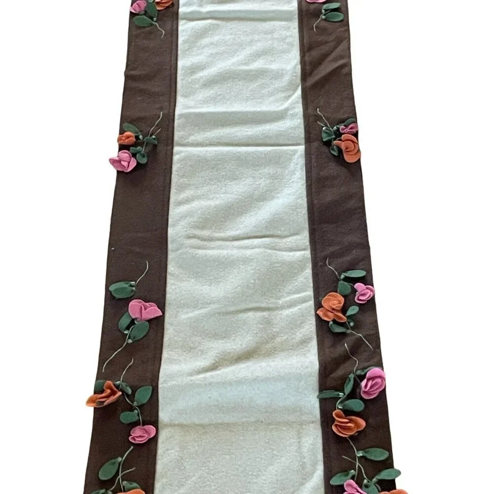 Pier 1 Imports Table Runner Jardinia 14” X 69” 3D Fabric Flowers Brown Tan‎ Wool
